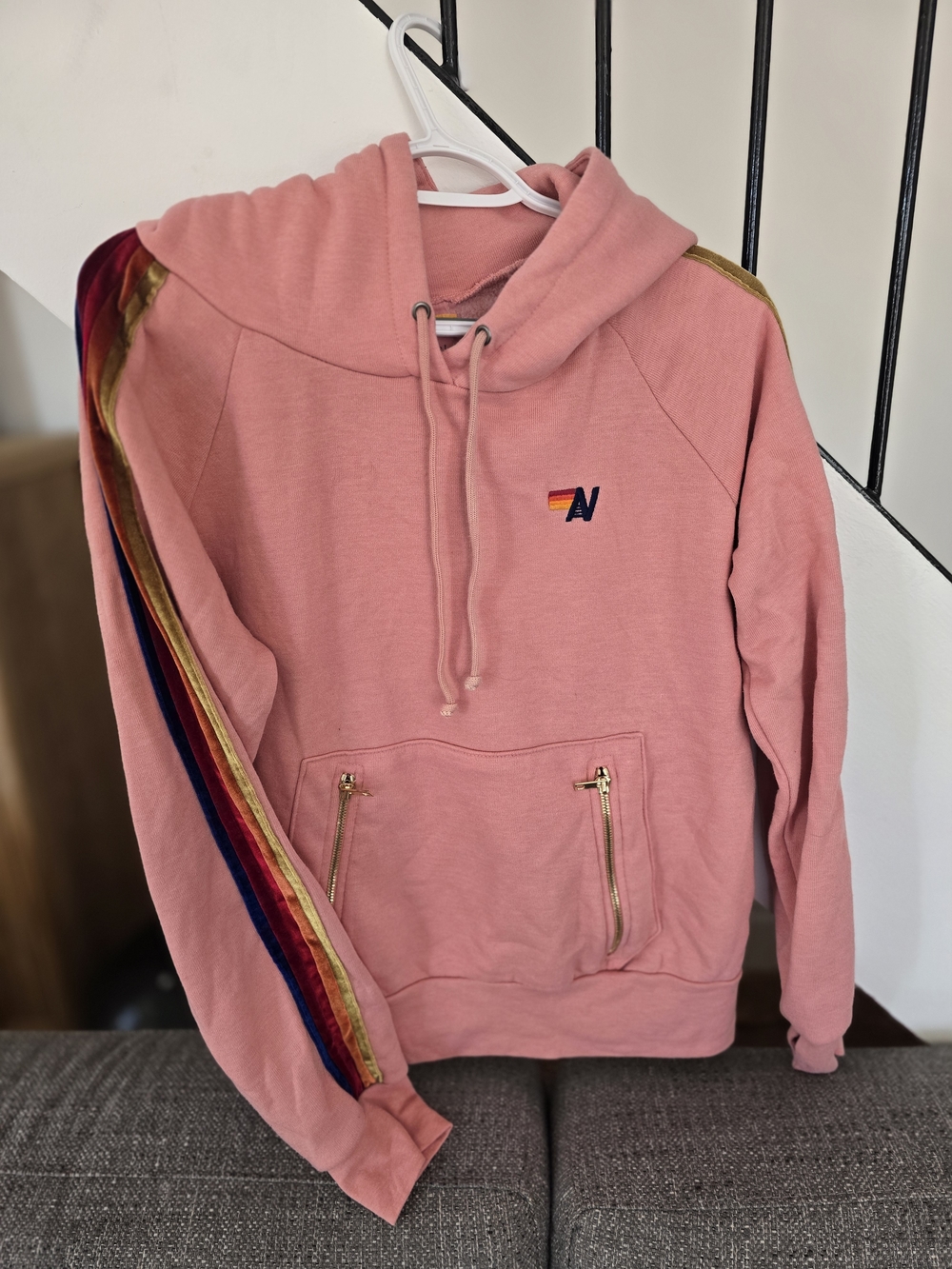 Aviator Nation Pink Hoodie with Rainbow Velvet Stripes